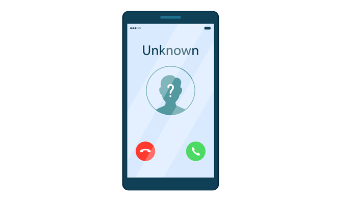 Vector illustration in flat cartoon style of incoming call from unknown caller on mobile phone screen