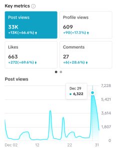 Graph of online social media metricks including post views, profile views, likes, and comments.