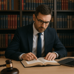 Lawyer reviewing legal documents at desk with law books, gavel, and scales of justice in a modern law office