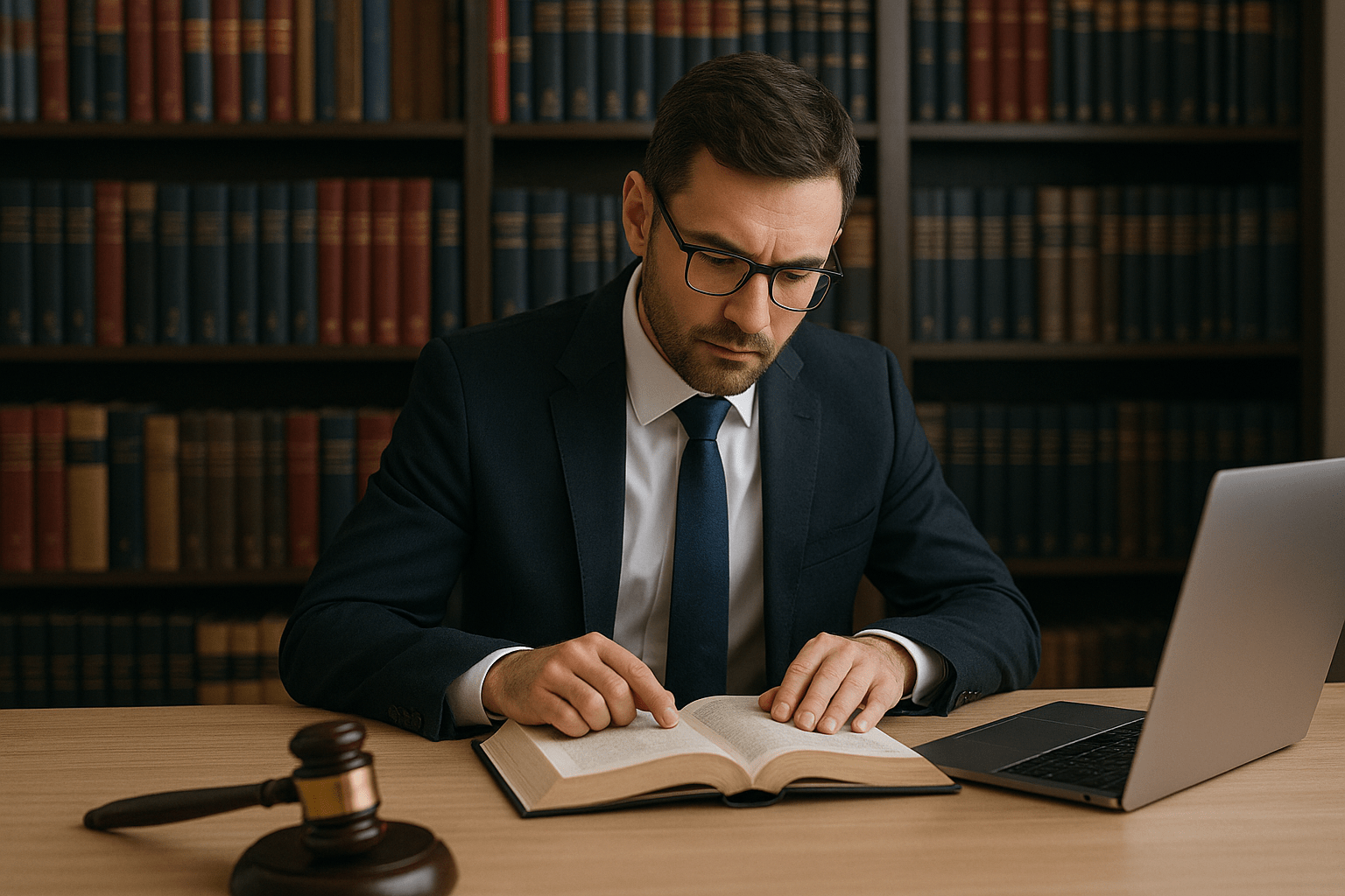 Lawyer reviewing legal documents at desk with law books, gavel, and scales of justice in a modern law office