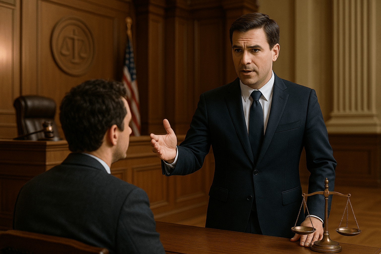 Attorney leading a courtroom discussion while advising a client