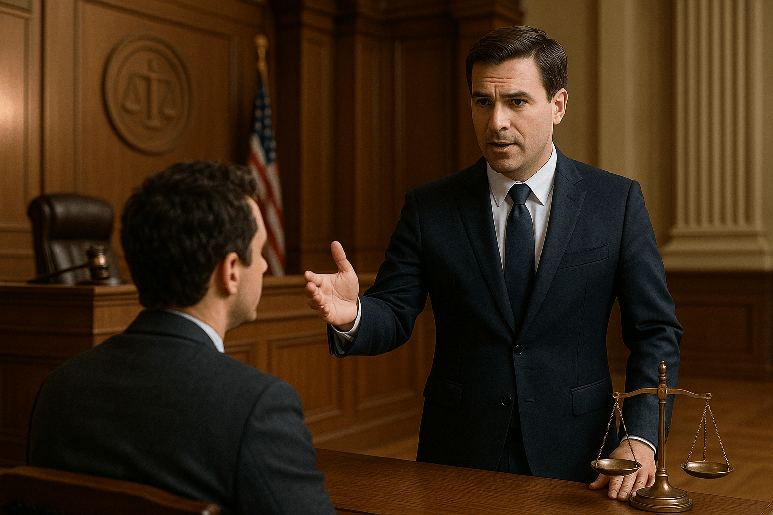 Attorney leading a courtroom discussion while advising a client