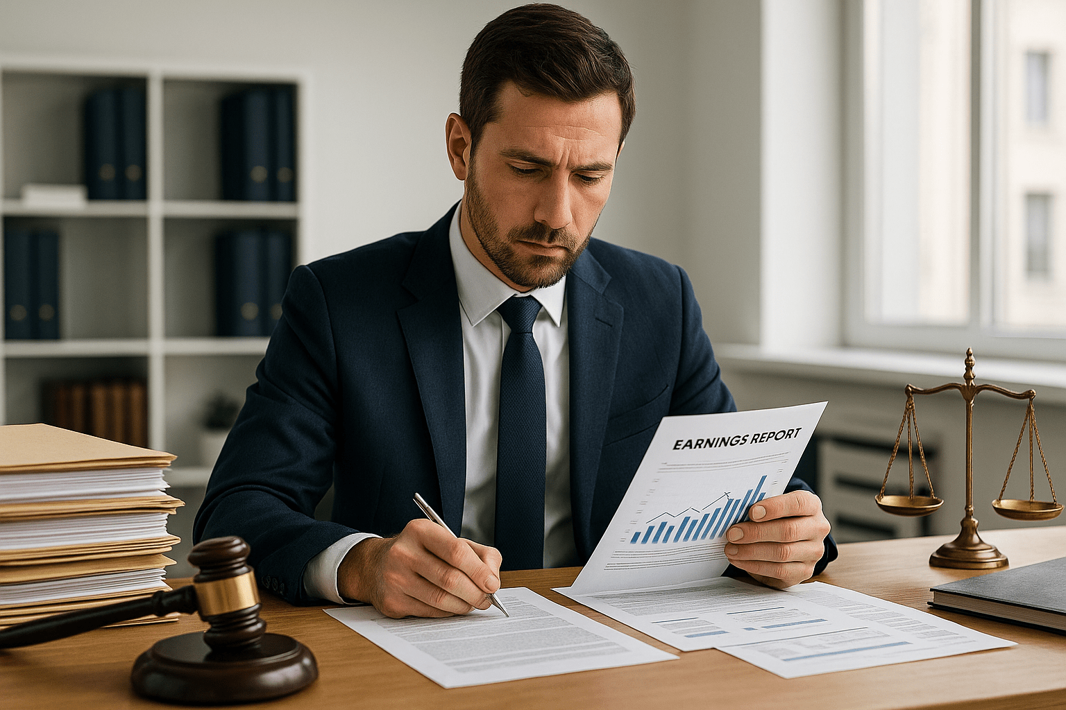 Lawyer reviewing financial documents in a modern office, surrounded by legal files and income reports.