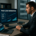 Attorney reviewing a paid lead acquisition dashboard on a laptop in a modern office.