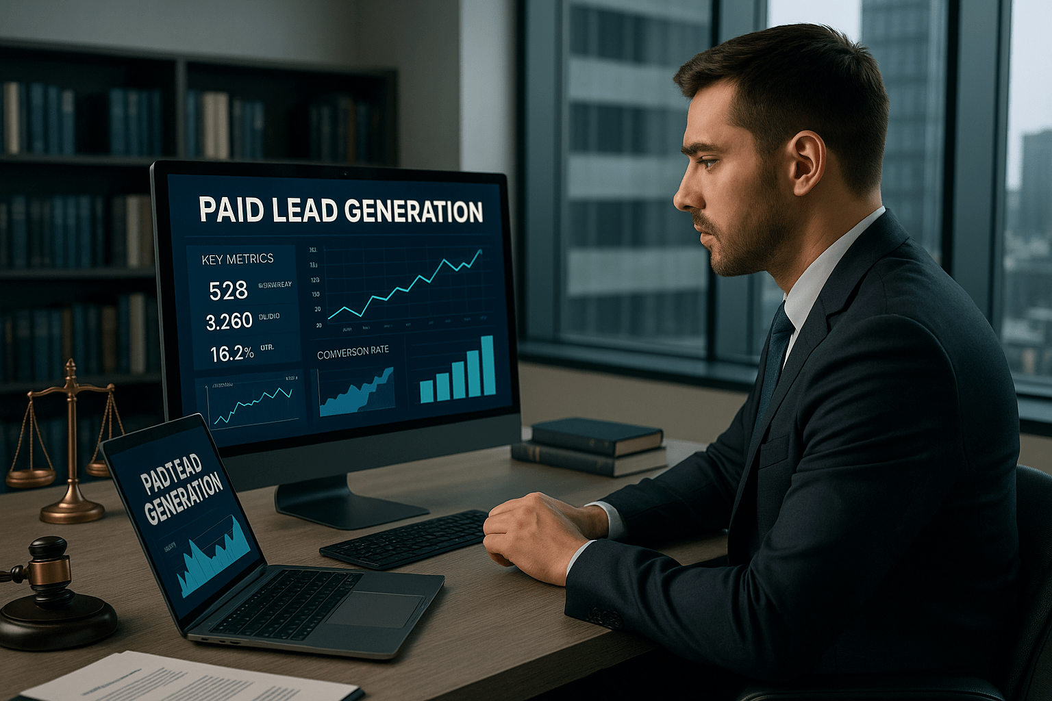 Attorney reviewing a paid lead acquisition dashboard on a laptop in a modern office.