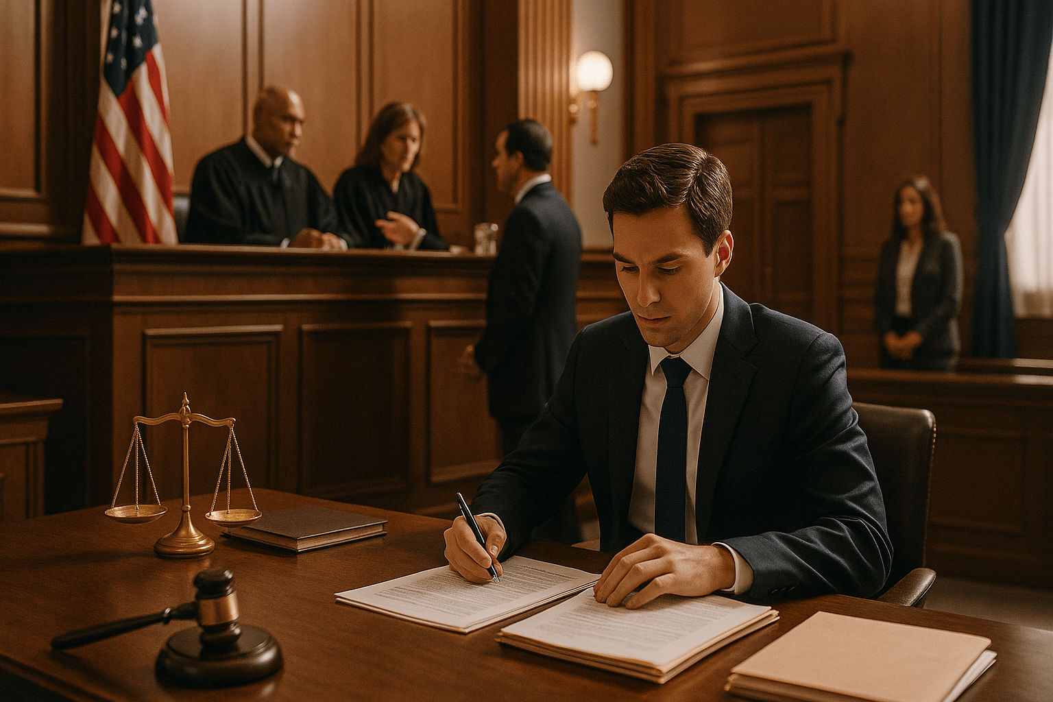 Attorney preparing legal documents in a courtroom with judges and legal professionals in session.
