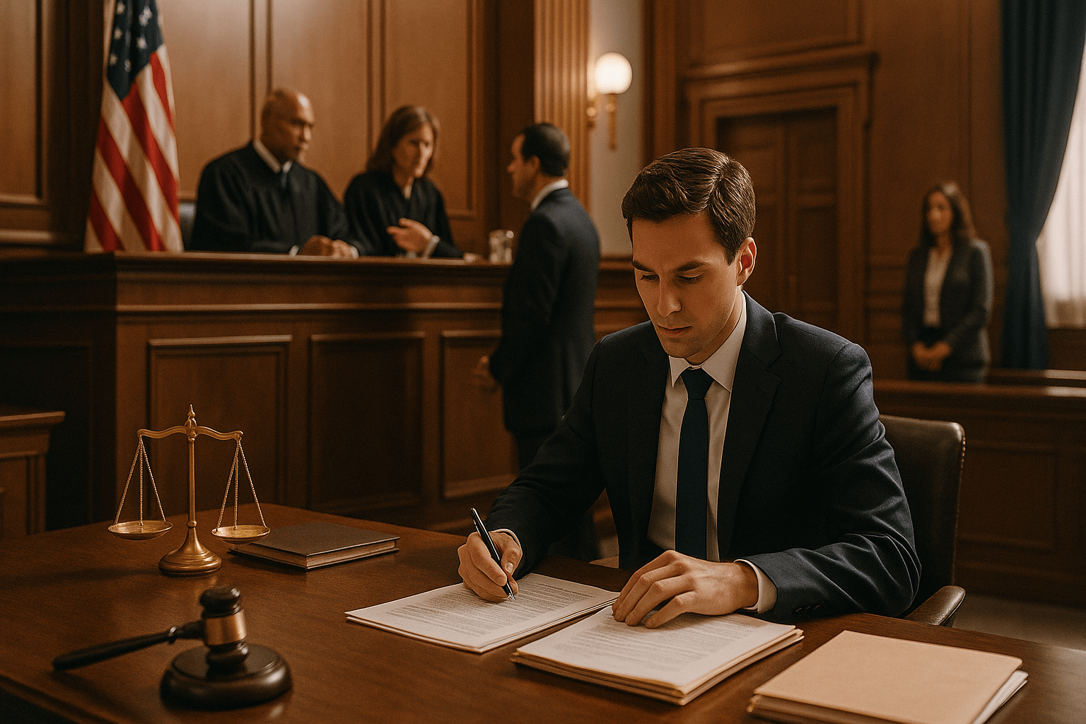 Attorney preparing legal documents in a courtroom with judges and legal professionals in session.
