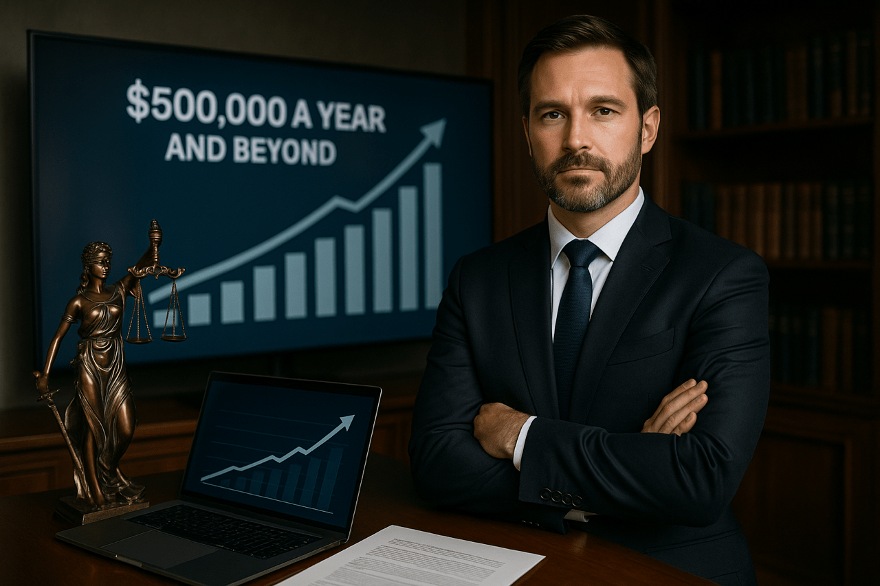 Confident lawyer standing in office with Lady Justice statue and growth chart showing $500,000 annual income.