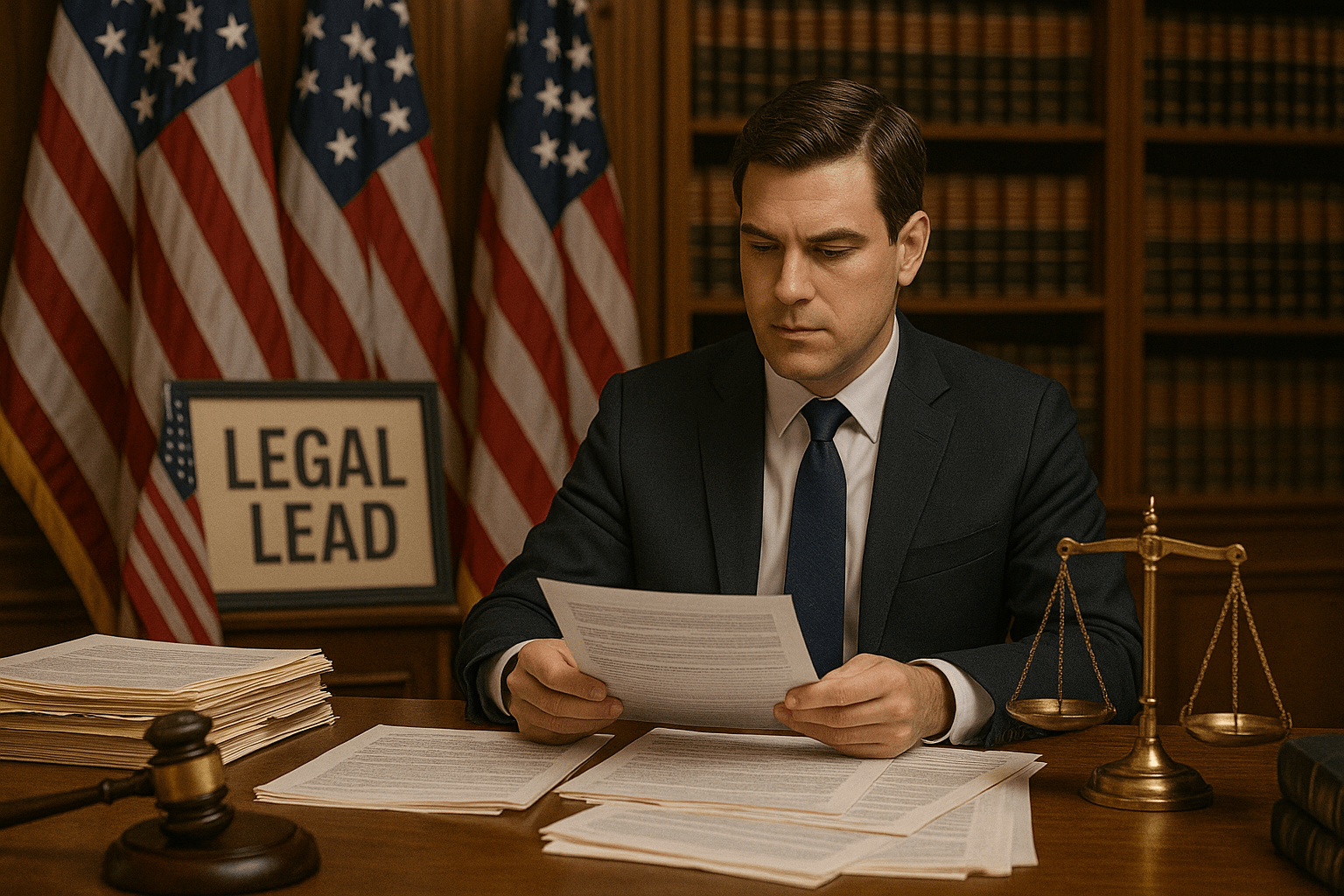 Attorney reviewing legal documents in a law office with legal lead signage in the background