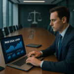 Attorney reviewing paid legal leads on a laptop in a modern conference room with analytics dashboard on screen
