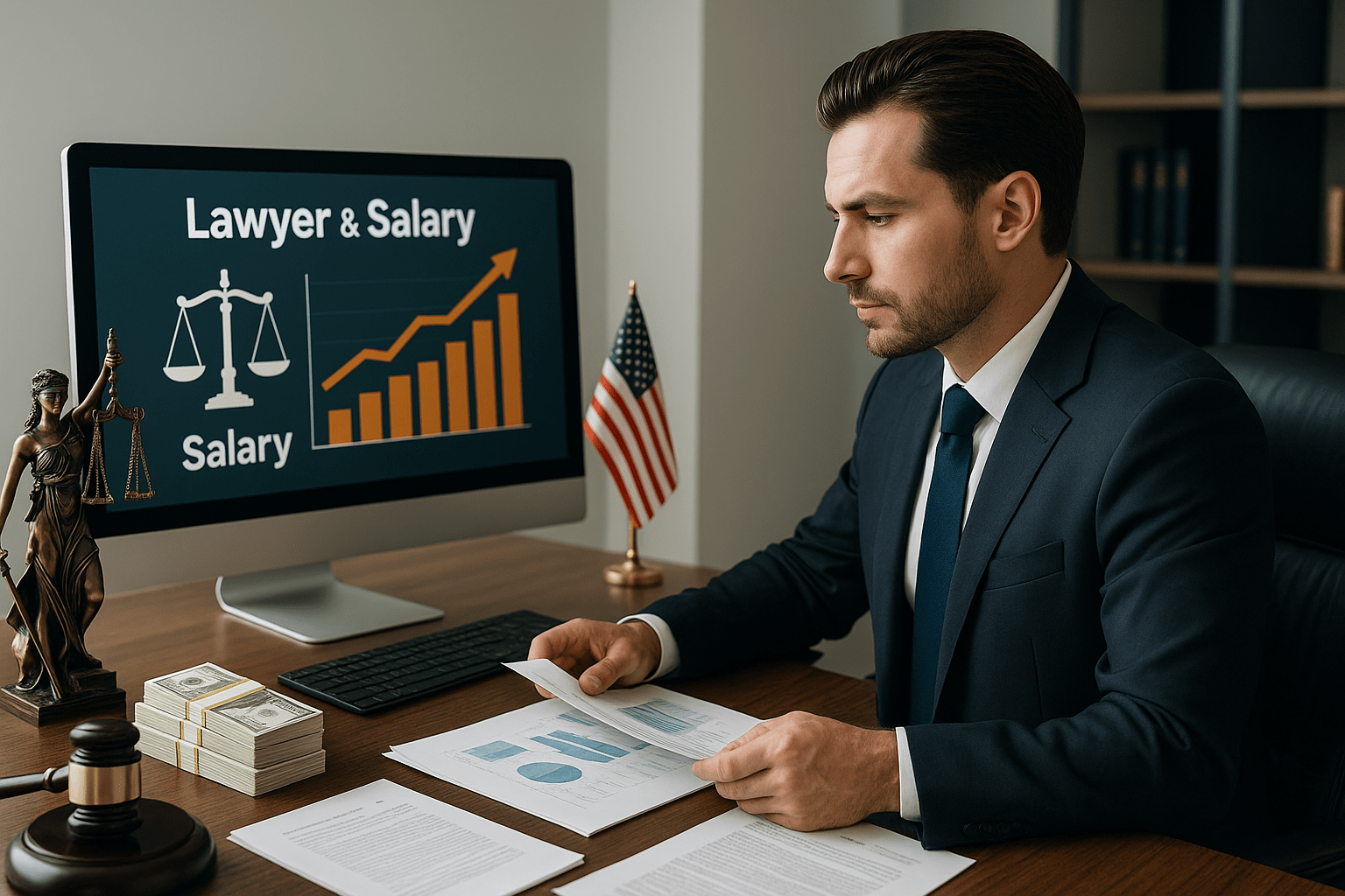Lawyer analyzing salary growth data on computer in modern law office