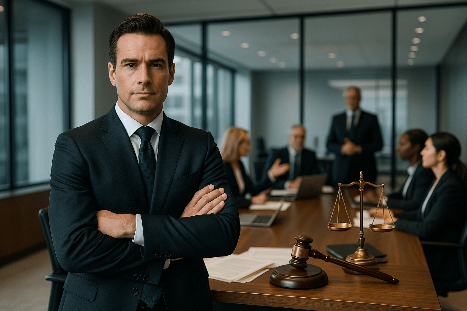 Confident lawyer in a boardroom with business professionals, symbolizing leadership and CEO potential.