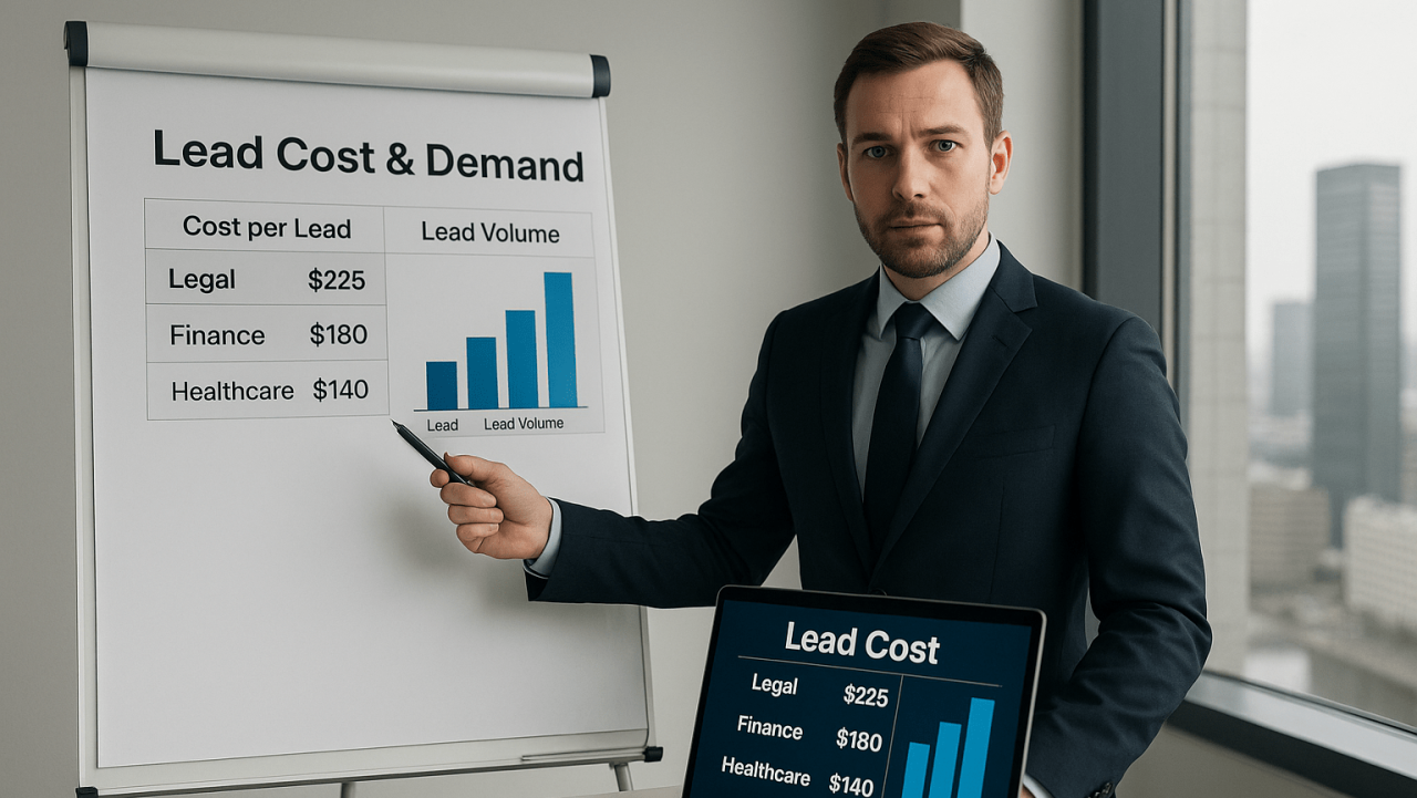 Businessman presenting lead cost and demand metrics using a flip chart and laptop in a modern office.