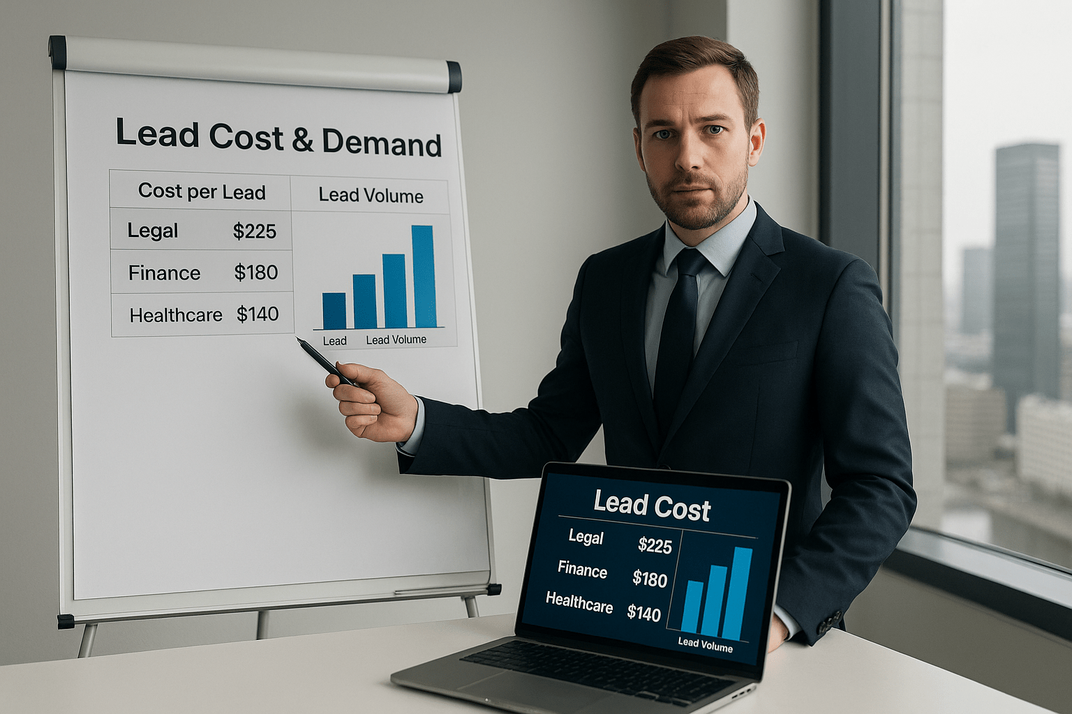 Businessman presenting lead cost and demand metrics using a flip chart and laptop in a modern office.