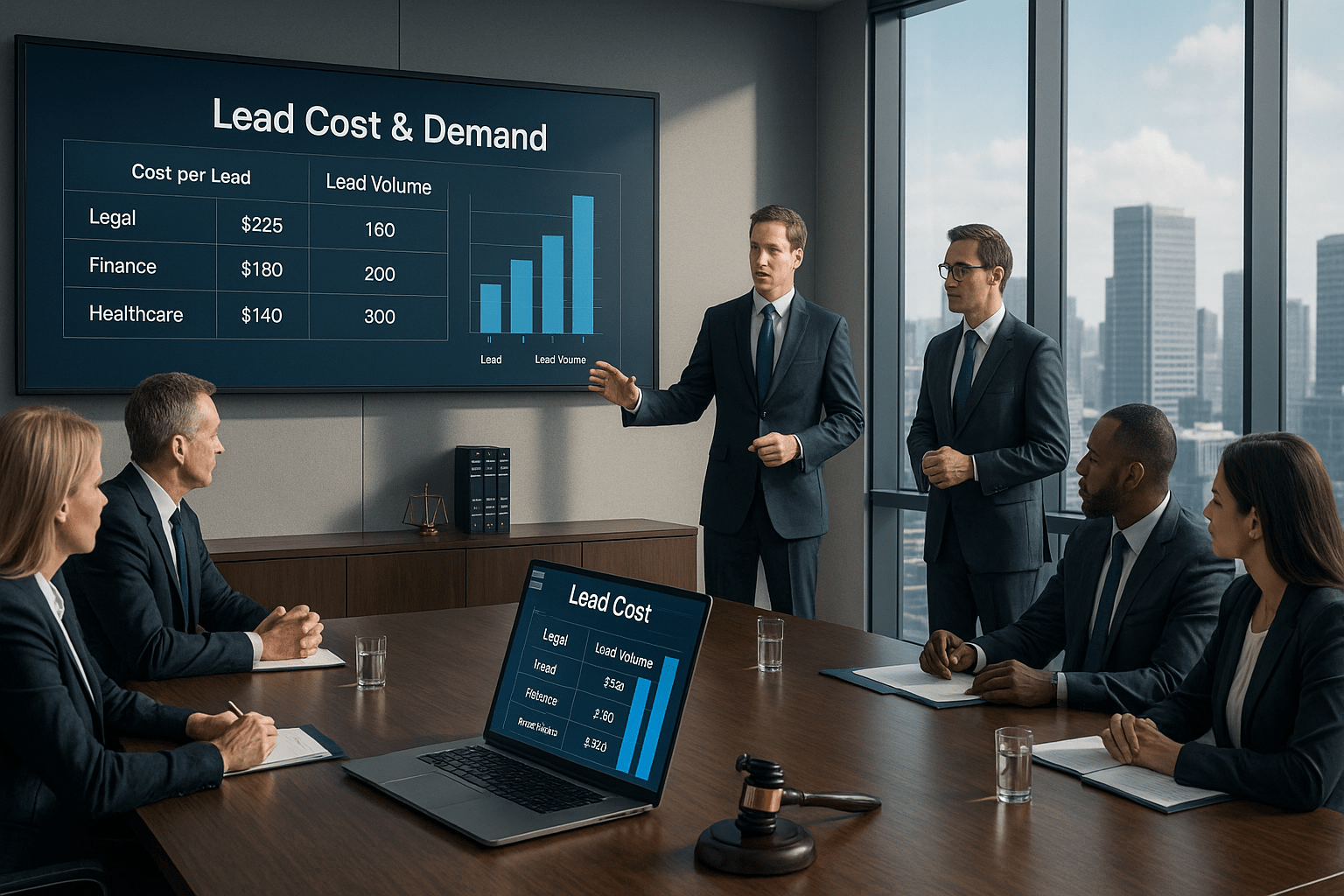 Corporate professionals analyzing lead cost and demand trends across industries in a high-rise boardroom.