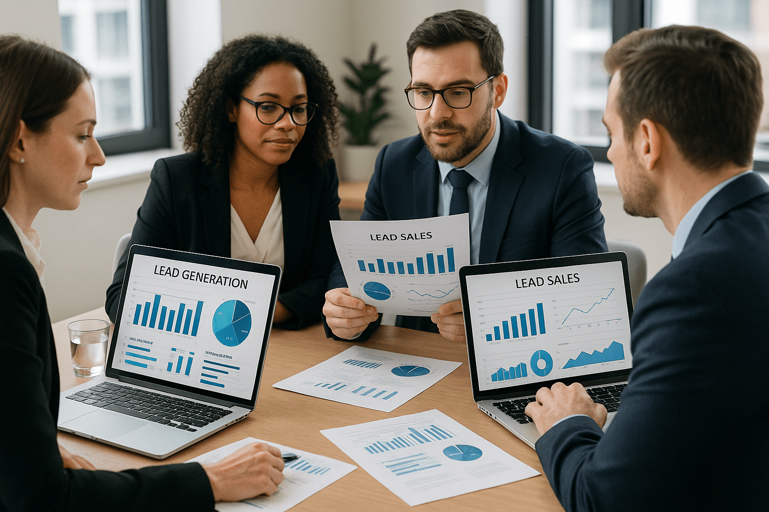 Business professionals analyzing lead generation data on digital devices in a modern office.