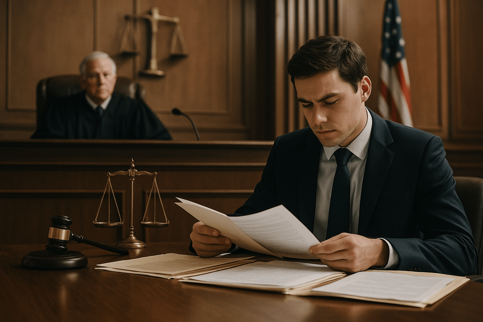 Attorney preparing legal documents in a courtroom setting while a judge observes from the bench.