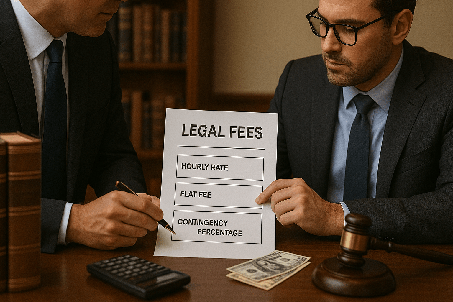Lawyers discussing legal fees with a document outlining hourly, flat, and contingency rates.