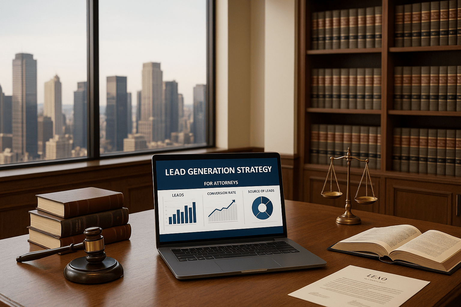 Modern law office setup showing a laptop screen displaying a legal lead generation strategy chart.