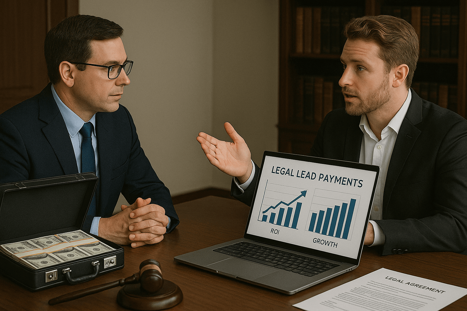 Lawyer and marketing professional discussing legal lead payments and ROI strategies with financial graphs and cash on the table
