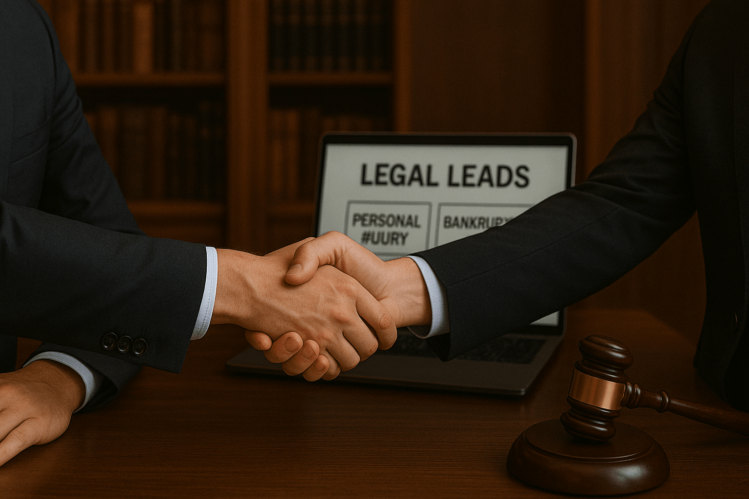 Two professionals shaking hands in a law office with a laptop displaying legal lead categories.