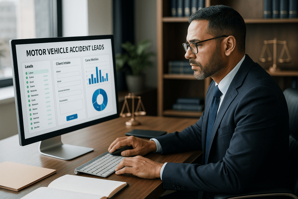 A professional attorney reviews a motor vehicle accident lead on a digital dashboard in a modern law office