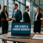 Professionals networking in a modern office lounge with a laptop displaying "Job Leads & Career Growth"