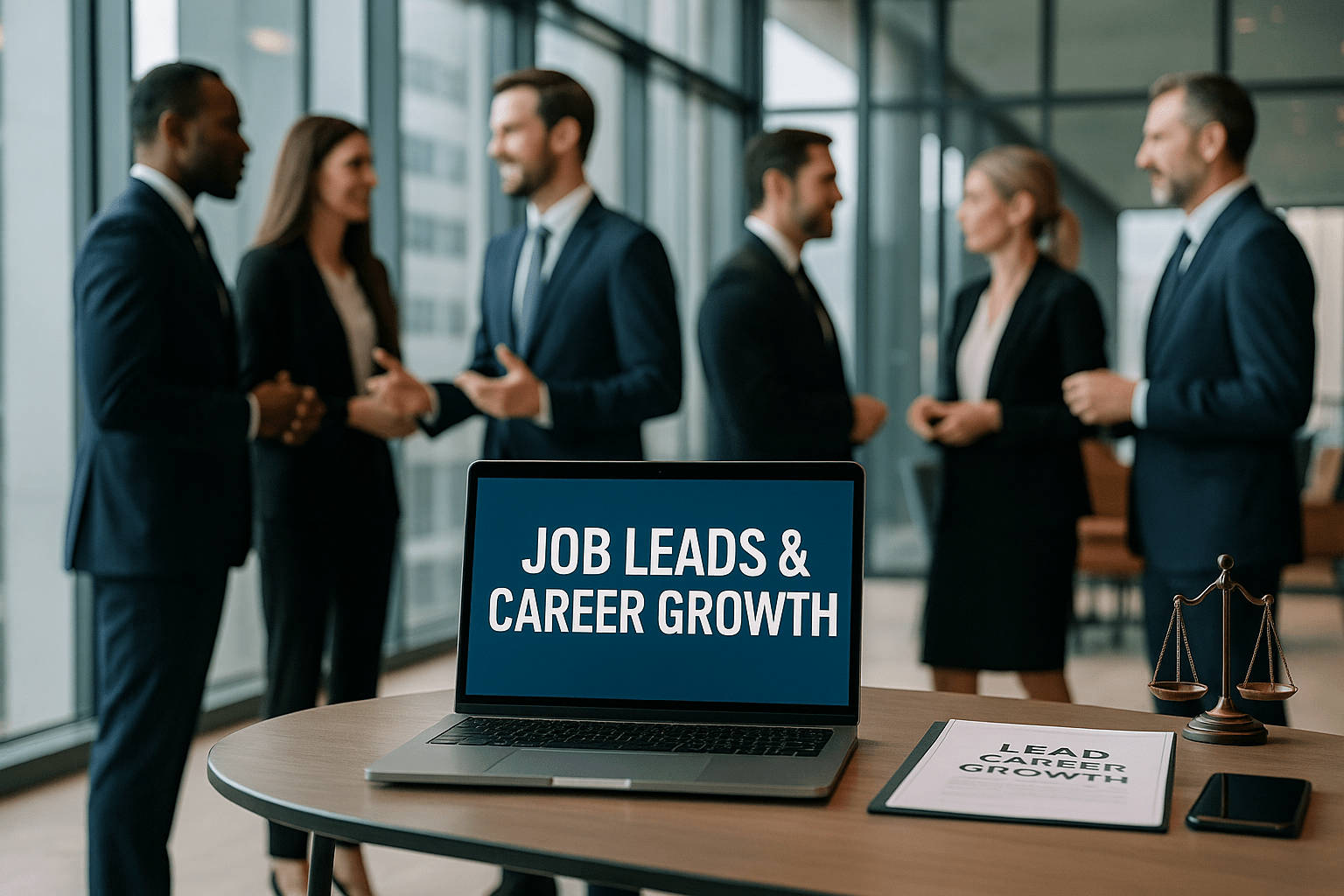 Professionals networking in a modern office lounge with a laptop displaying "Job Leads & Career Growth"
