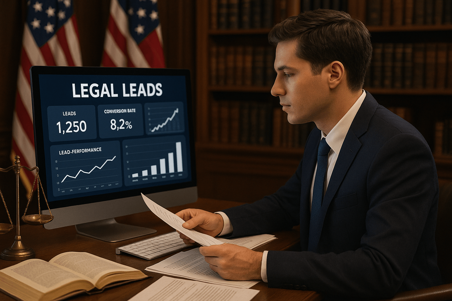 Attorney analyzing legal lead performance data on a computer screen in a law office setting.