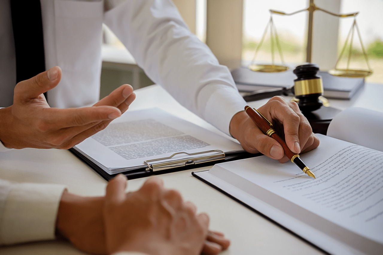 Young male lawyer in a modern law office standing at a desk with legal documents, a gavel, law books, and Lady Justice statue.
