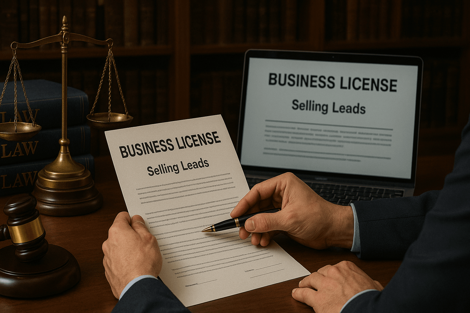 Two professionals review business licenses at a law office desk, surrounded by legal documents, a gavel, and a scale of justice.