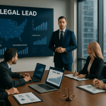 Legal marketing team in a conference room discussing lead generation strategies with charts and a U.S. map on a presentation screen