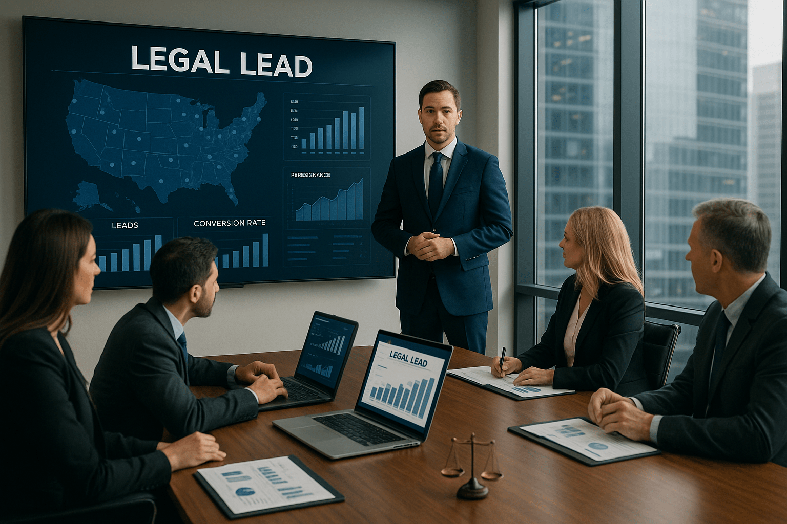 Legal marketing team in a conference room discussing lead generation strategies with charts and a U.S. map on a presentation screen
