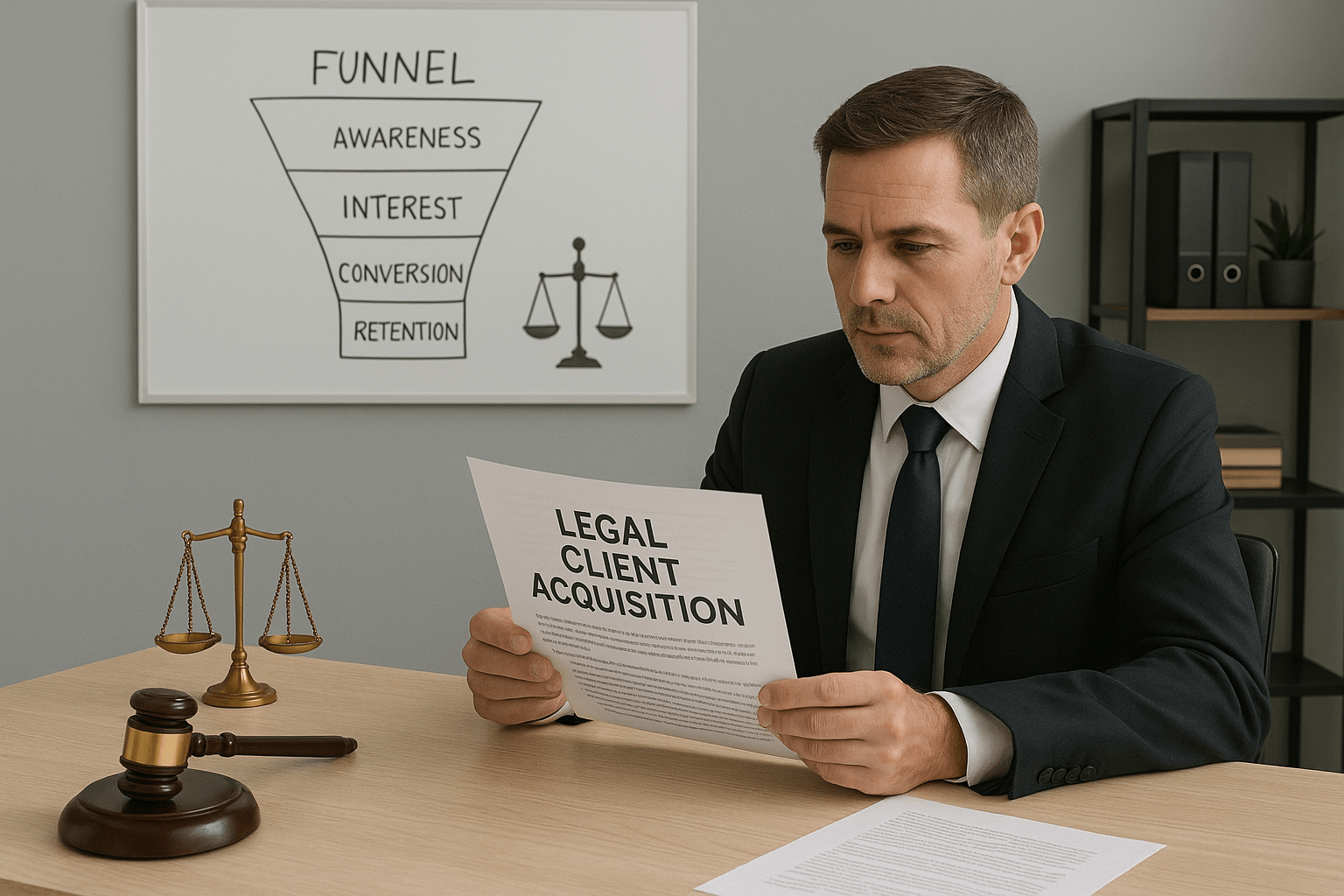 Solo attorney reviewing client acquisition strategy on laptop in modern law office with strategic planning diagram on screen.