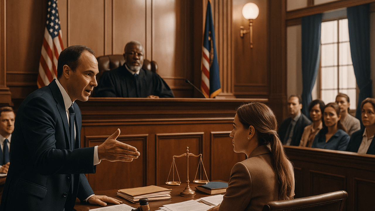 Courtroom scene illustrating legal procedures and client representation in the U.S. legal system.