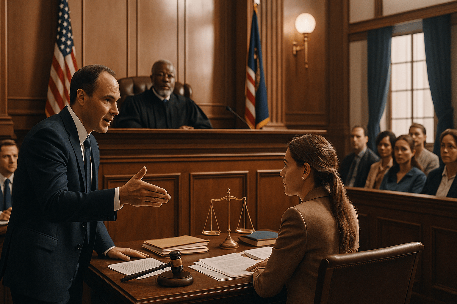 Courtroom scene illustrating legal procedures and client representation in the U.S. legal system.
