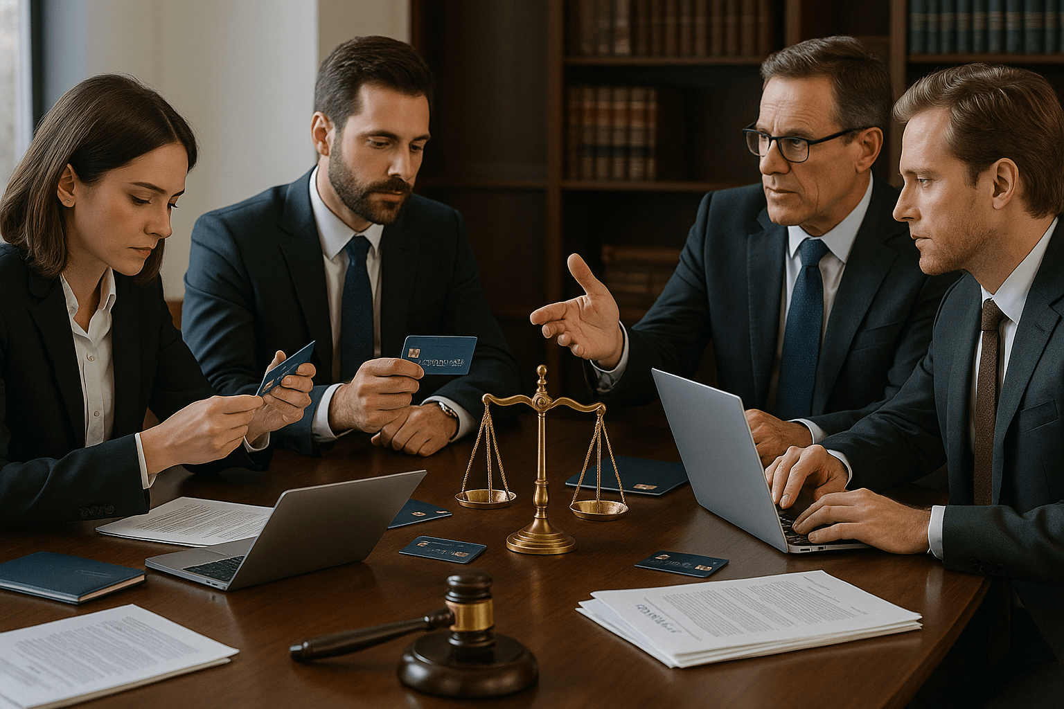 Lawyers in suits reviewing credit cards and legal documents during a strategy meeting