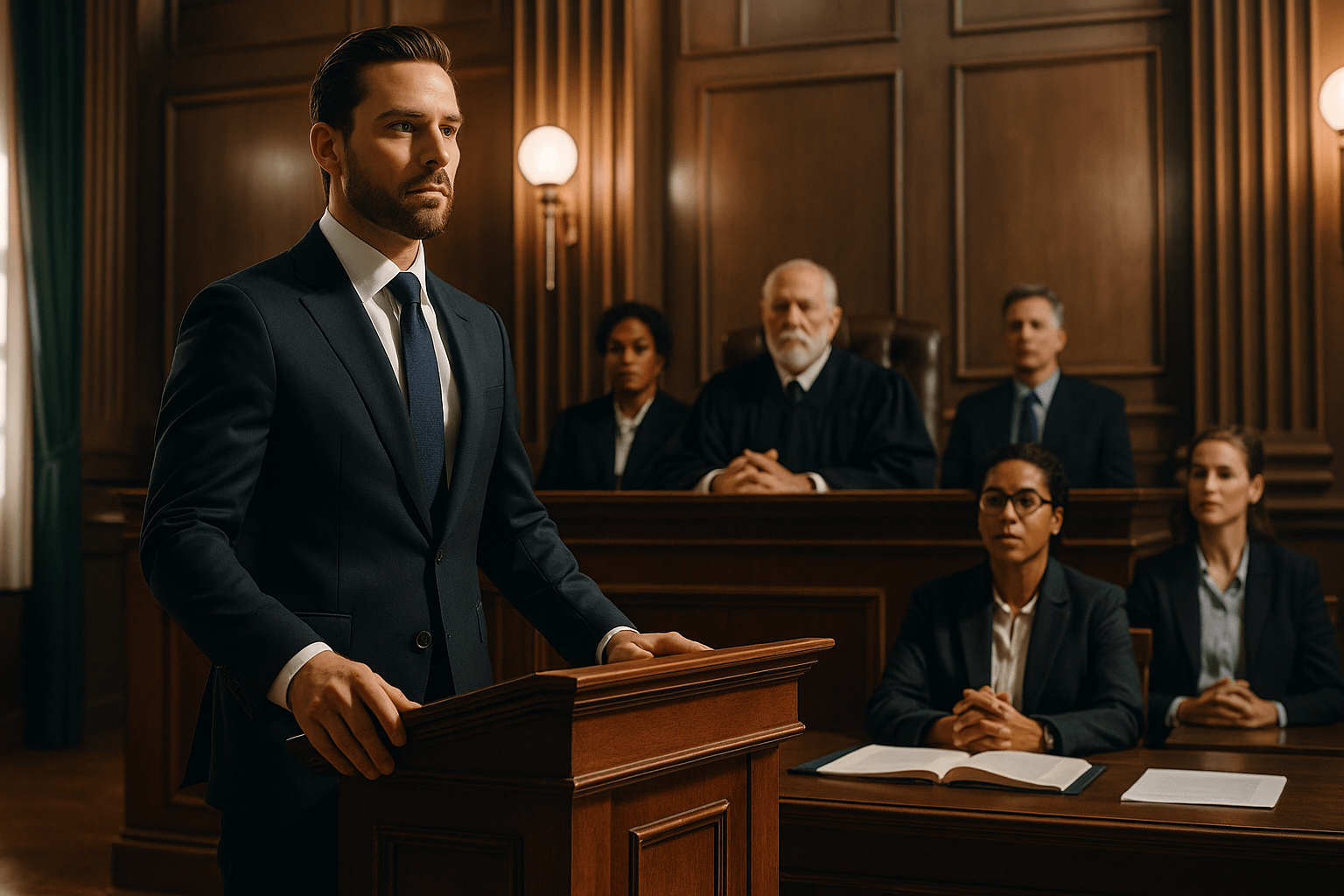 Confident lead attorney standing at the podium in a courtroom with judges and legal professionals in the background.