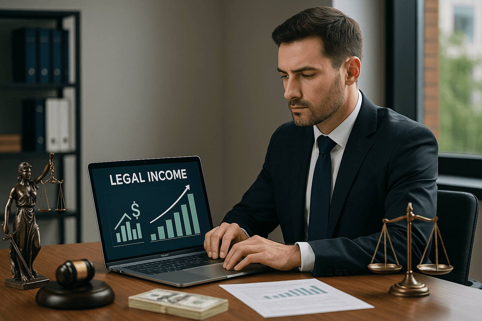 Lawyer in modern office reviewing legal financial charts and income reports on laptop.