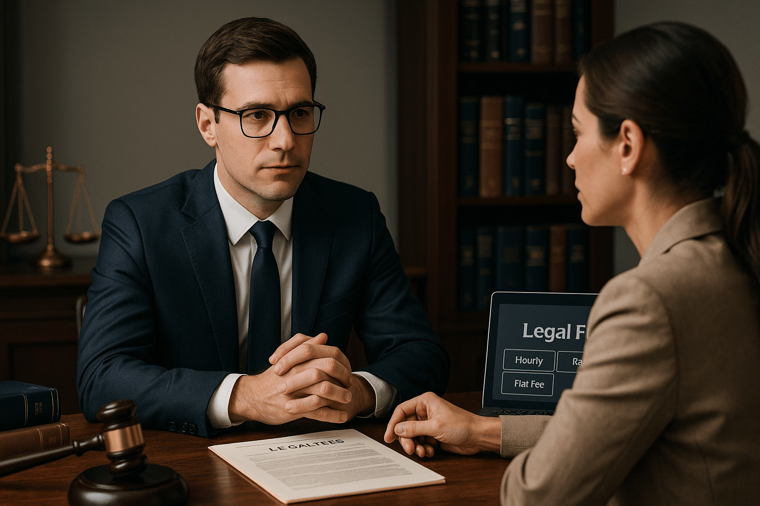 Lawyer discussing legal responsibilities with a client in an office setting.