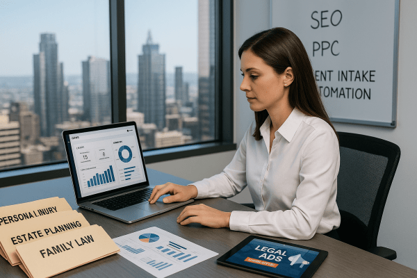 Female lawyer in a white blouse reviewing legal leads on a CRM dashboard with digital marketing charts and case folders