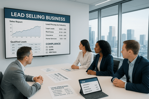Professional marketer reviewing lead sales data and legal compliance strategy in an office with digital dashboards