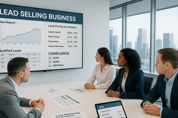 Professional marketer reviewing lead sales data and legal compliance strategy in an office with digital dashboards