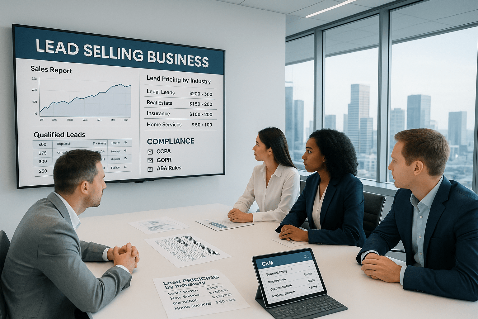 Professional marketer reviewing lead sales data and legal compliance strategy in an office with digital dashboards