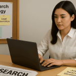 New lawyer in professional attire reviews legal job postings and client intake strategies at a desk, symbolizing early career planning and lead generation.