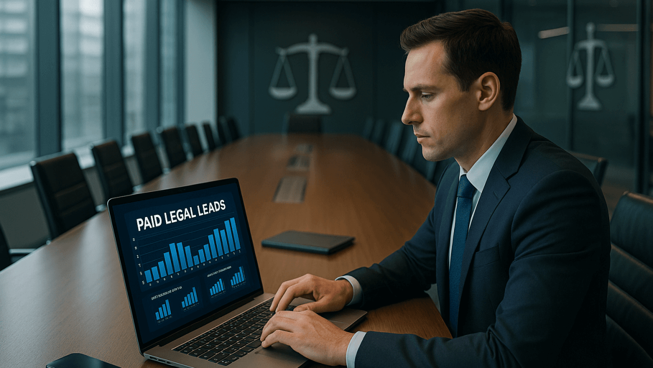 Attorney reviewing paid legal leads on a laptop in a modern conference room with analytics dashboard on screen