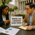 Two lawyers in a modern office discussing legal marketing strategies using a laptop and whiteboard