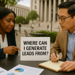 Two lawyers in a modern office discussing legal marketing strategies using a laptop and whiteboard