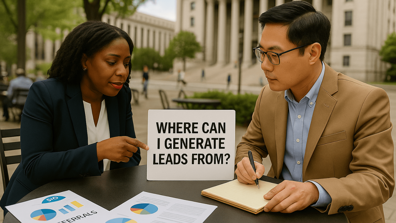 Two lawyers in a modern office discussing legal marketing strategies using a laptop and whiteboard