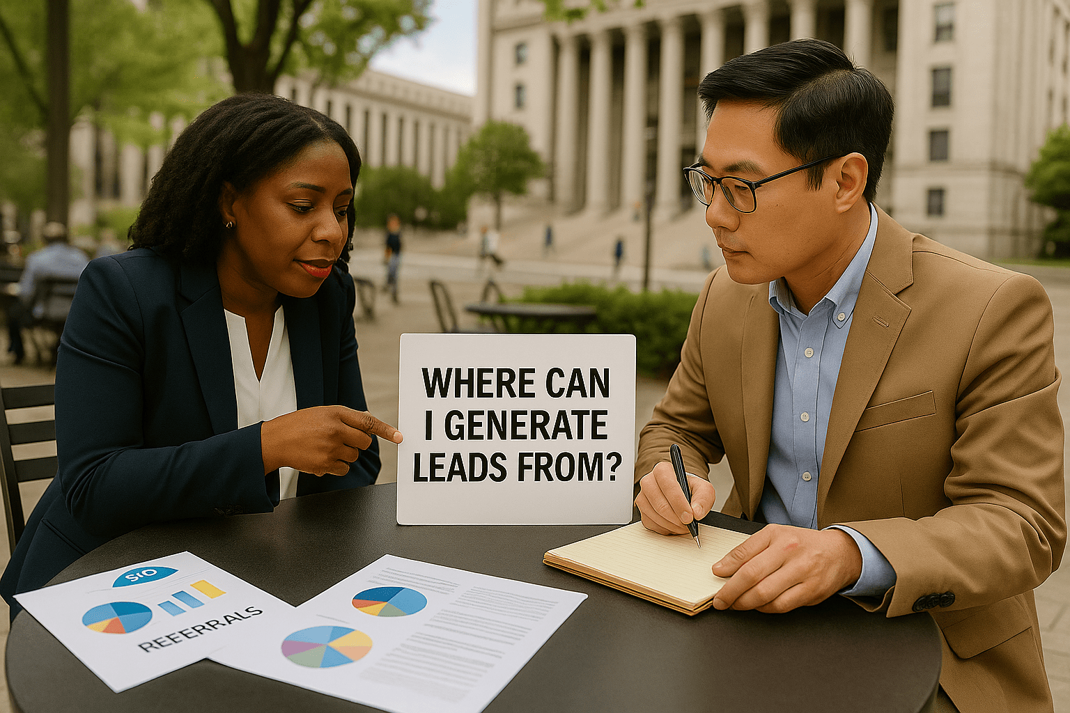 Two lawyers in a modern office discussing legal marketing strategies using a laptop and whiteboard